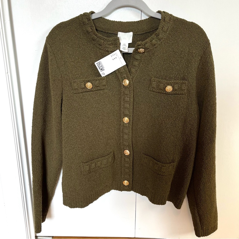 NEW WITH TAGS H&M Women’s Medium Dark Khaki Green Olive Cardigan Gold Buttons